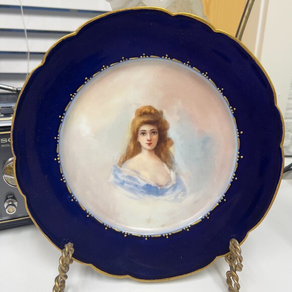 Antique Limoges Guerin Porcelain Plate Cobalt Blue Hand Painted Portrait Woman - Picture 1 of 7